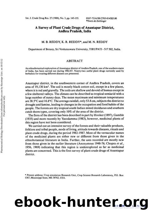 A Survey of Plant Crude Drugs of Anantapur District, Andhra Pradesh, India by M. B. Reddy K. R. Reddy & M. N. Reddy