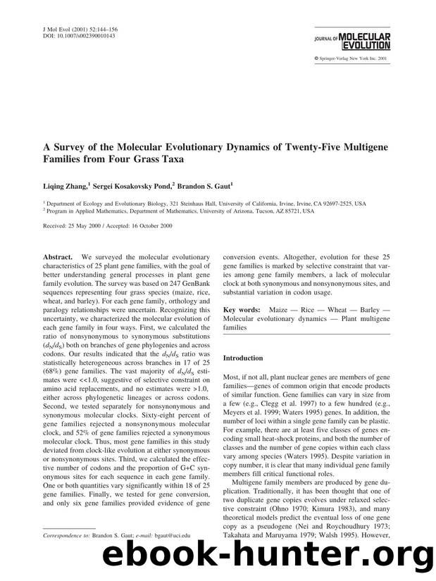 A Survey of the Molecular Evolutionary Dynamics of Twenty-Five Multigene Families from Four Grass Taxa by Zhang L. et al