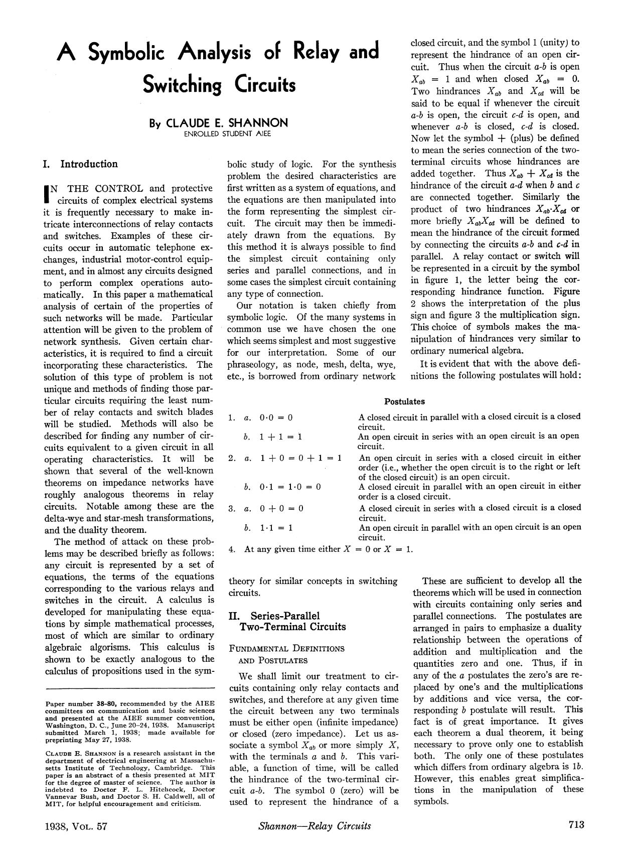 A Symbolic Analysis of Relay and Switching Circuits by Unknown