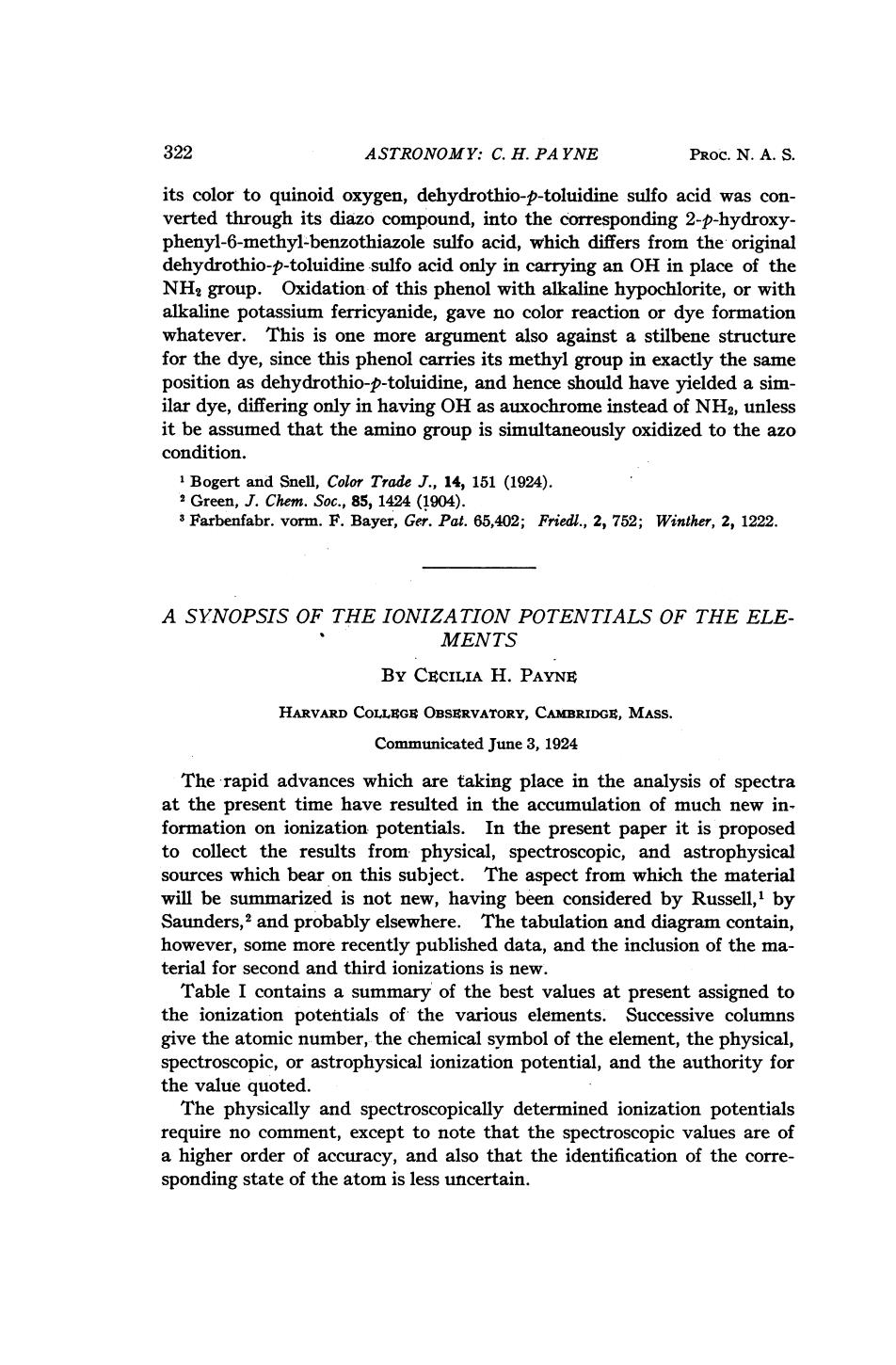 A Synopsis of the Ionization Potentials of the Elements by Payne C.H