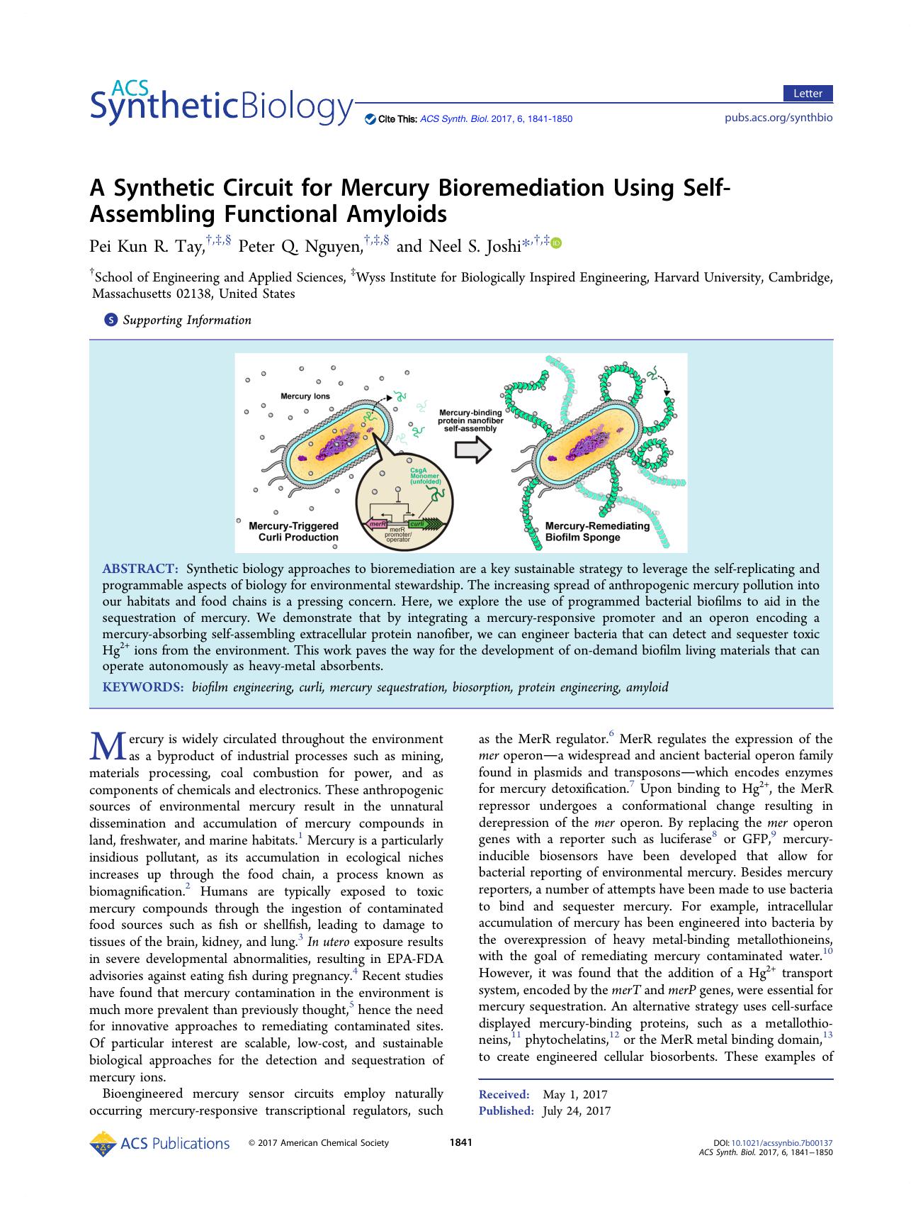 A Synthetic Circuit for Mercury Bioremediation Using Self-Assembling Functional Amyloids by Pei Kun R. Tay Peter Q. Nguyen and Neel S. Joshi