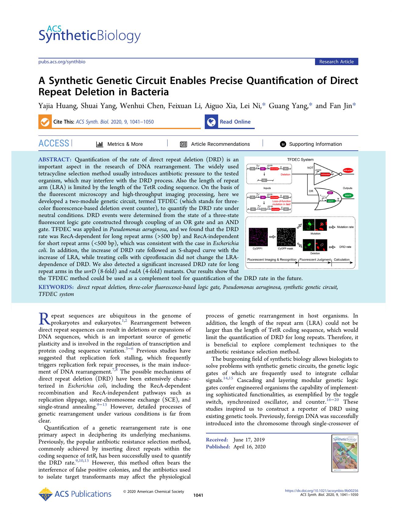 A Synthetic Genetic Circuit Enables Precise Quantification of Direct Repeat Deletion in Bacteria by Yajia Huang Shuai Yang Wenhui Chen Feixuan Li Aiguo Xia Lei Ni Guang Yang and Fan Jin