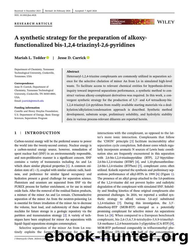 A Synthetic Strategy for the Preparation of AlkoxyâFunctionalized Bisâ1,2,4âtriazinylâ2,6âpyridines by Unknown
