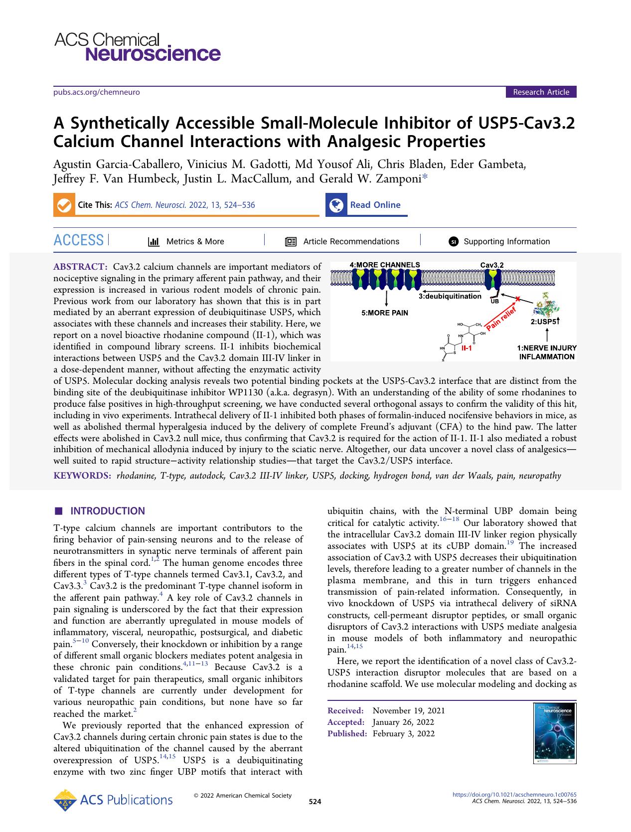 A Synthetically Accessible Small-Molecule Inhibitor of USP5-Cav3.2 Calcium Channel Interactions with Analgesic Properties by unknow