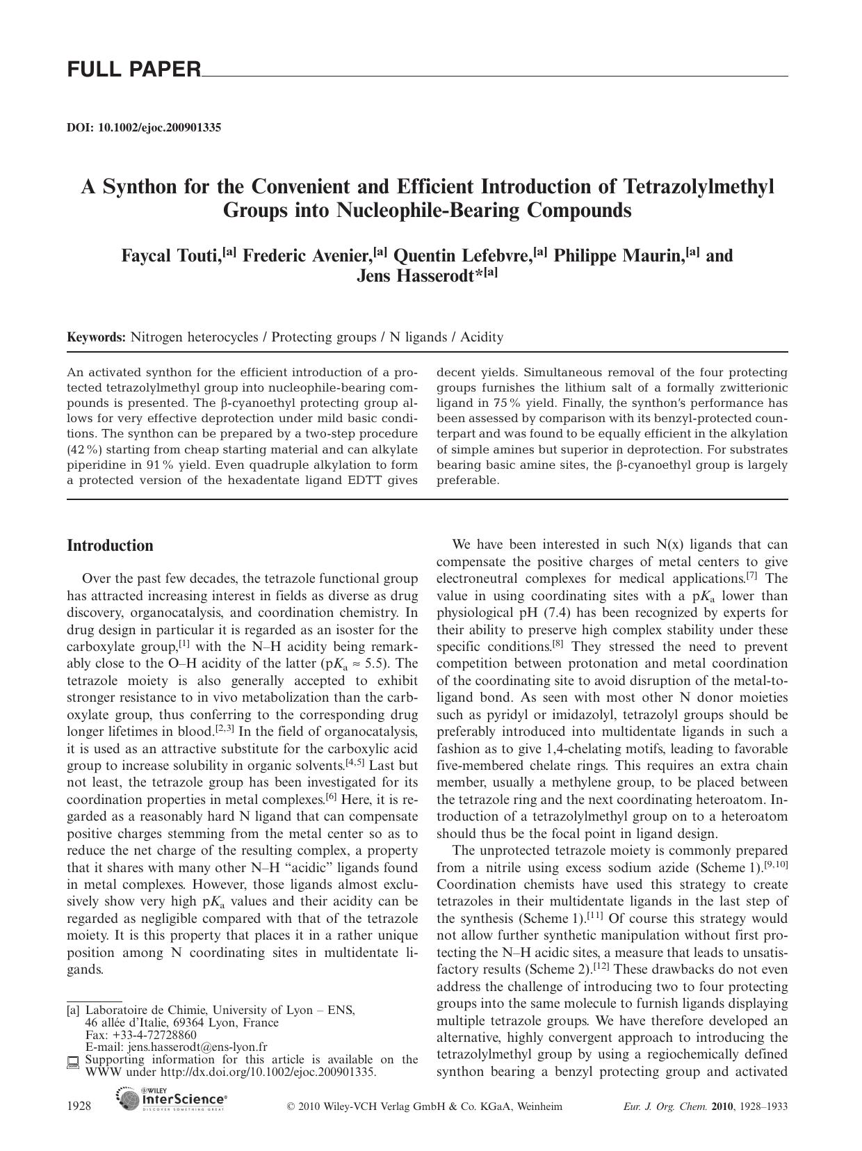 A Synthon for the Convenient and Efficient Introduction of Tetrazolylmethyl Groups into Nucleophile?Bearing Compounds by Unknown