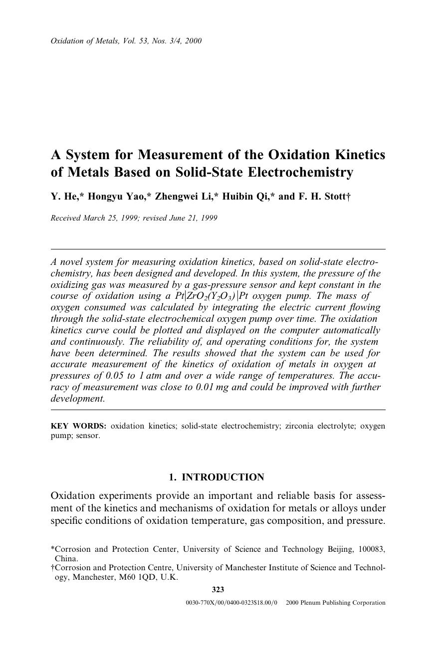 A System for Measurement of the Oxidation Kinetics of Metals Based on Solid-State Electrochemistry by Unknown