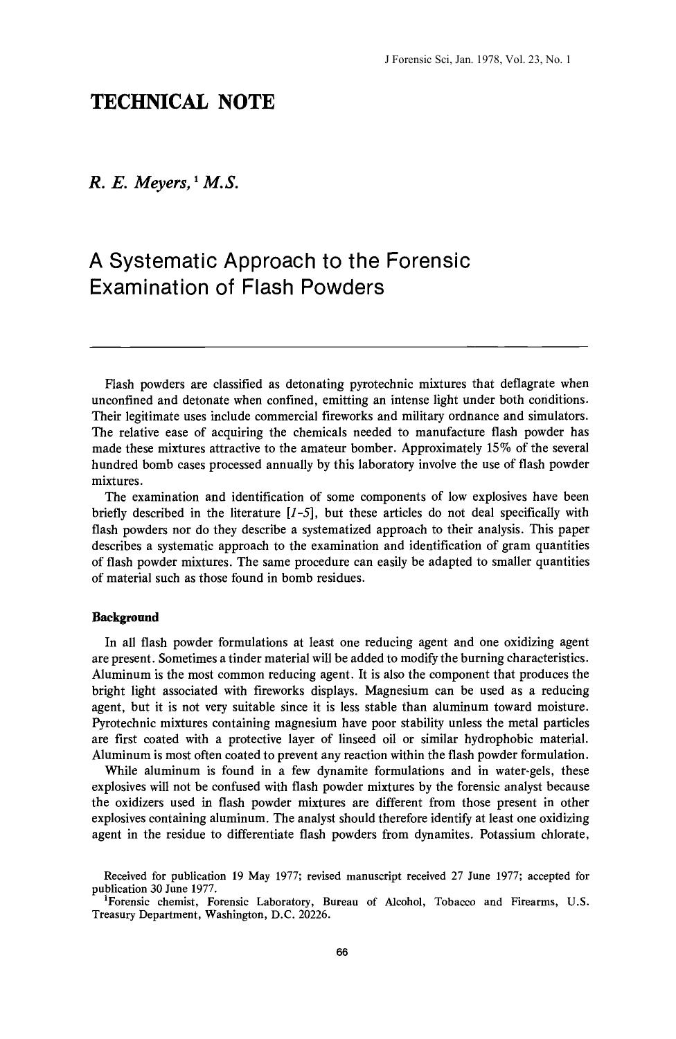 A Systematic Approach to the Forensic Examination of Flash Powders by Meyers RE