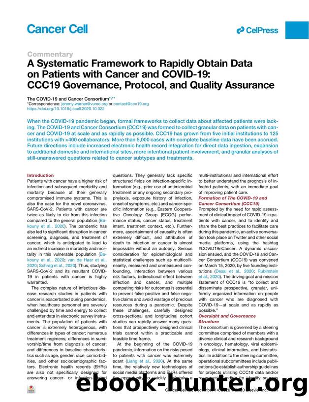 A Systematic Framework to Rapidly Obtain Data on Patients with Cancer and COVID-19: CCC19 Governance, Protocol, and Quality Assurance by unknow