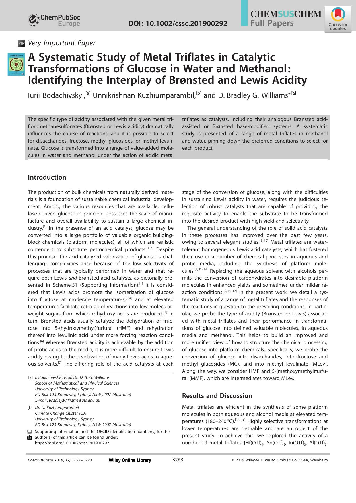 A Systematic Study of Metal Triflates in Catalytic Transformations of Glucose in Water and Methanol: Identifying the Interplay of BrÃ¸nsted and Lewis Acidity by Unknown