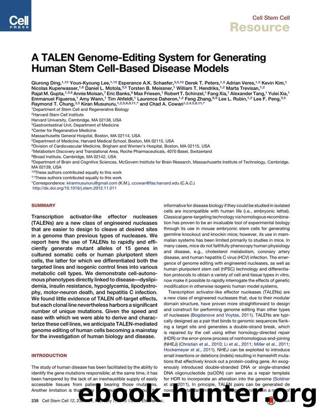 A TALEN Genome-Editing System for Generating Human Stem Cell-Based Disease Models by unknow