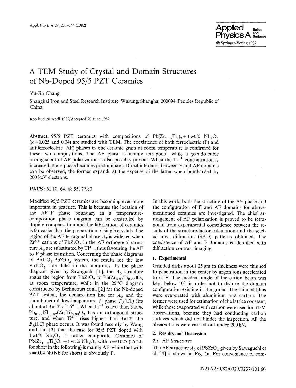 A TEM study of crystal and domain structures of Nb-Doped 955 PZT ceramics by Unknown