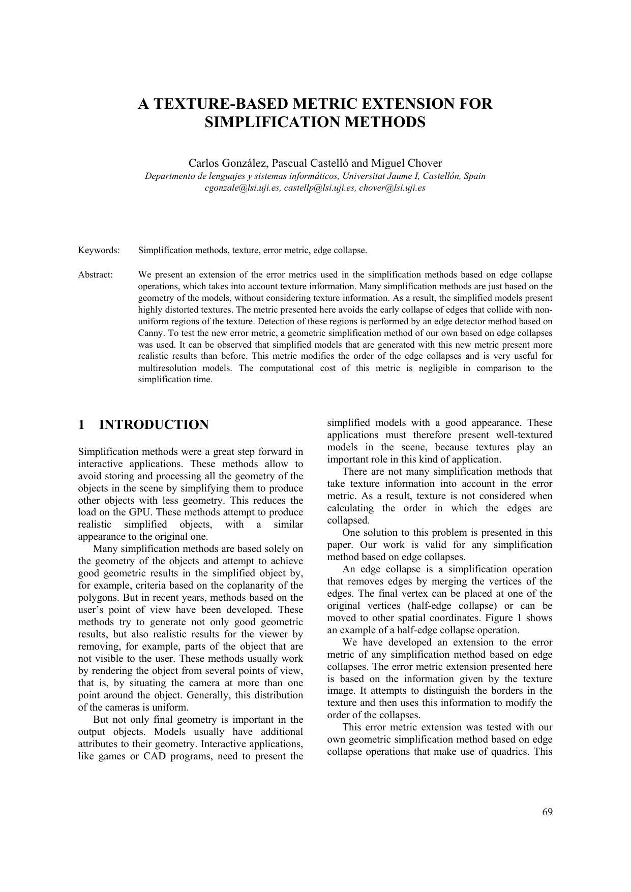 A TEXTURE-BASED METRIC EXTENSION FOR SIMPLIFICATION METHODS by Carlos González Pascual Castelló & Miguel Chover