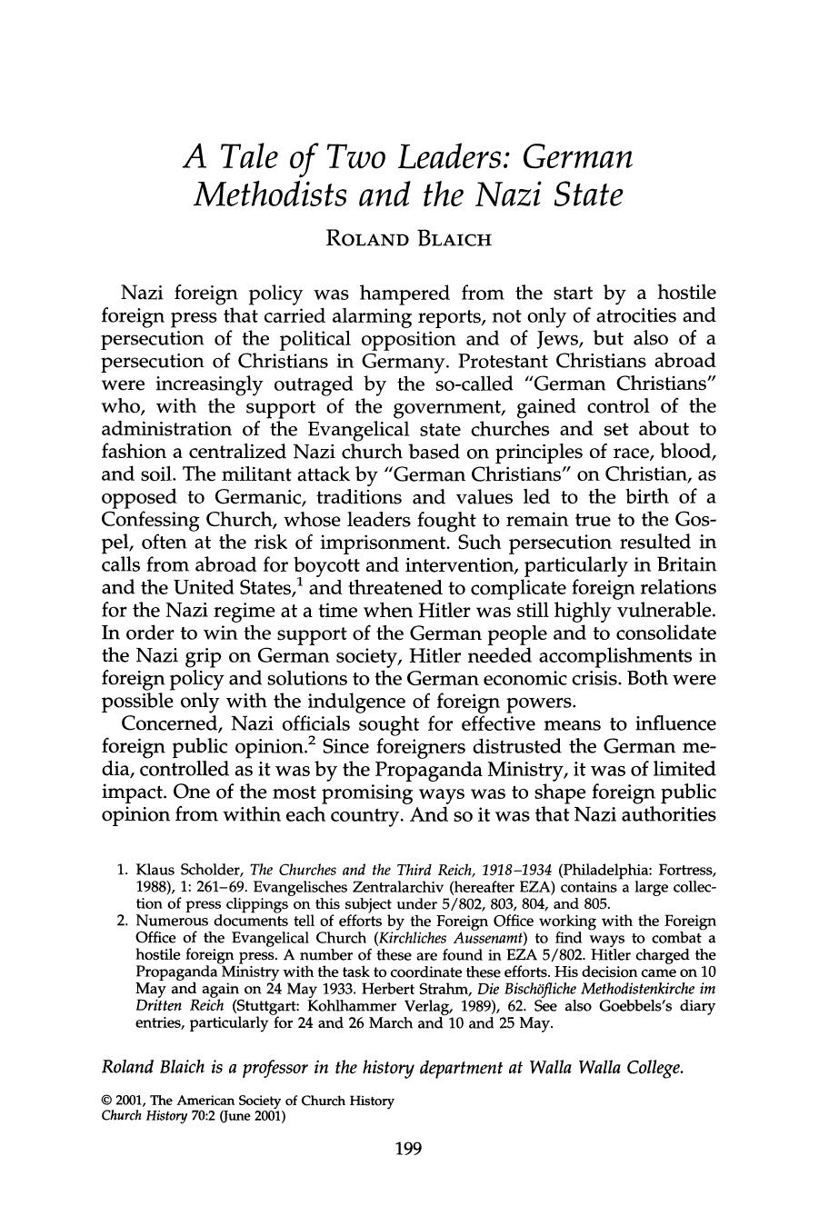 A Tale of Two Leaders; German Methodists and the Nazi State by Unknown