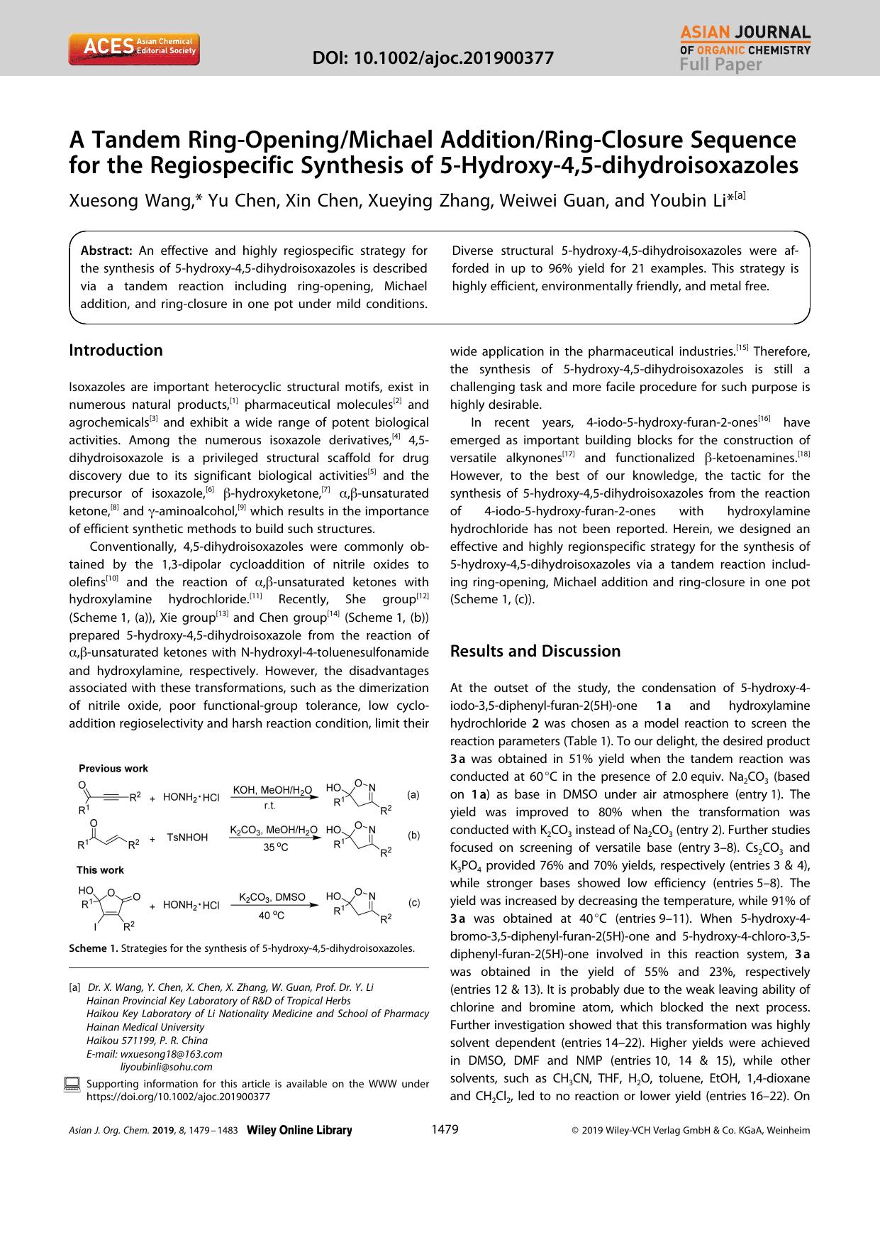 A Tandem RingâOpeningMichael AdditionRingâClosure Sequence for the Regiospecific Synthesis of 5âHydroxyâ4,5âdihydroisoxazoles by Unknown