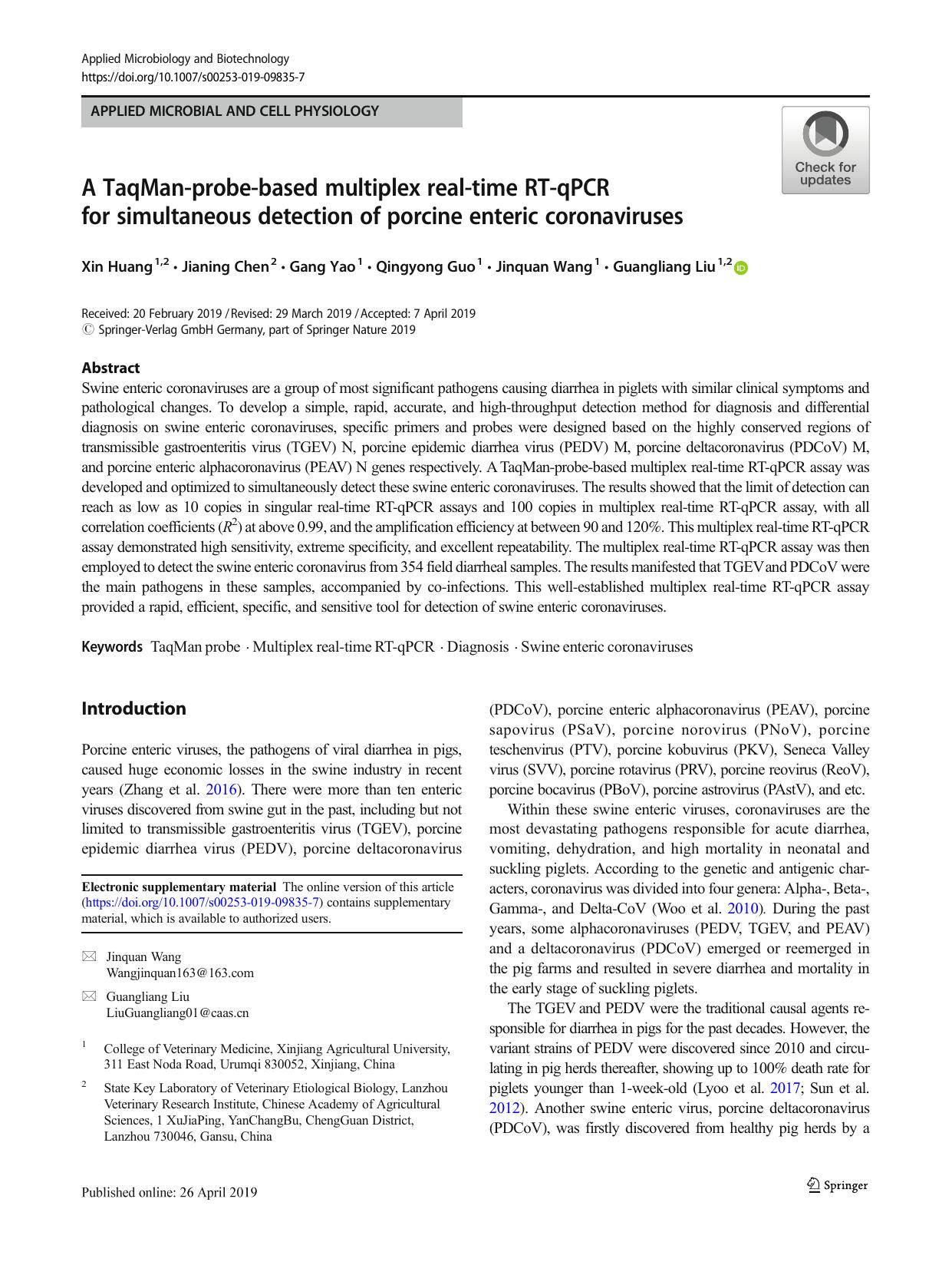 A TaqMan-probe-based multiplex real-time RT-qPCR for simultaneous detection of porcine enteric coronaviruses by Xin Huang & Jianing Chen & Gang Yao & Qingyong Guo & Jinquan Wang & Guangliang Liu