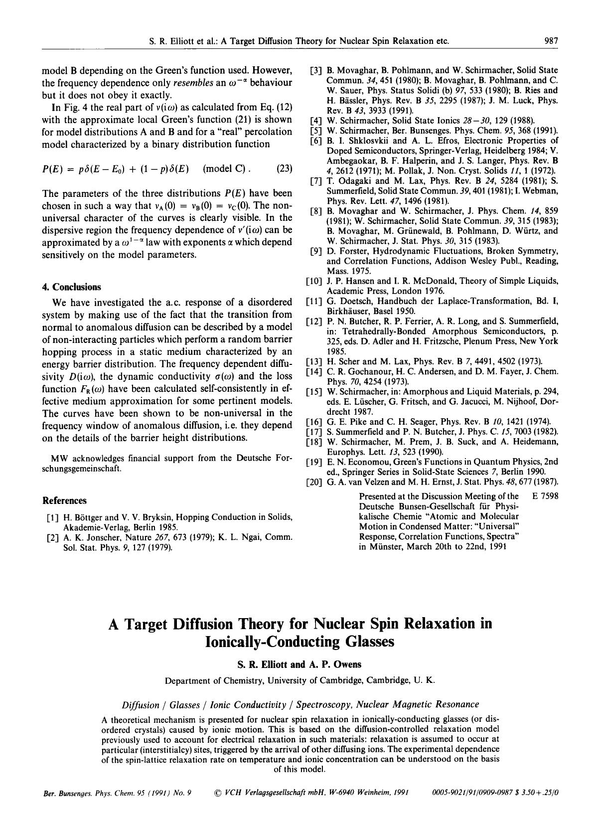 A Target Diffusion Theory for Nuclear Spin Relaxation in Ionically-Conducting Glasses by Unknown