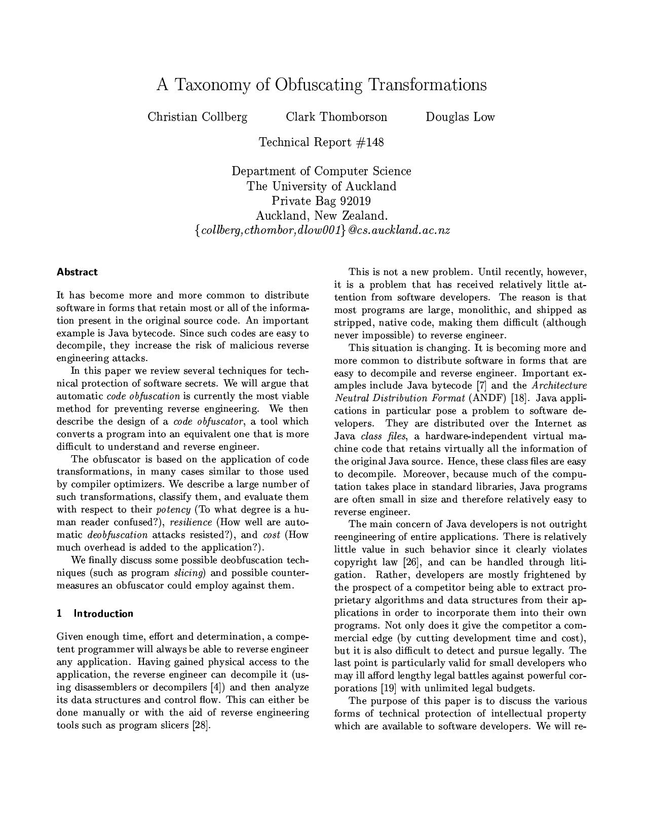 A Taxonomy of Obfuscating Transformations by Collberg C