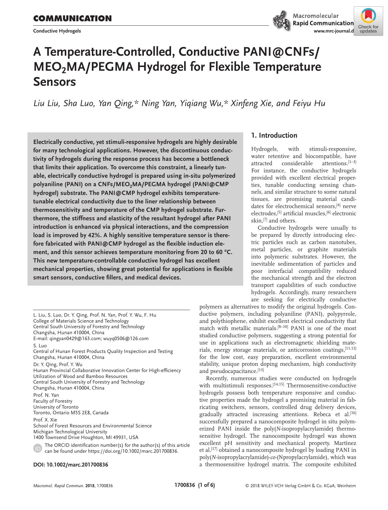 A TemperatureâControlled, Conductive PANI@CNFsMEO2MAPEGMA Hydrogel for Flexible Temperature Sensors by Unknown