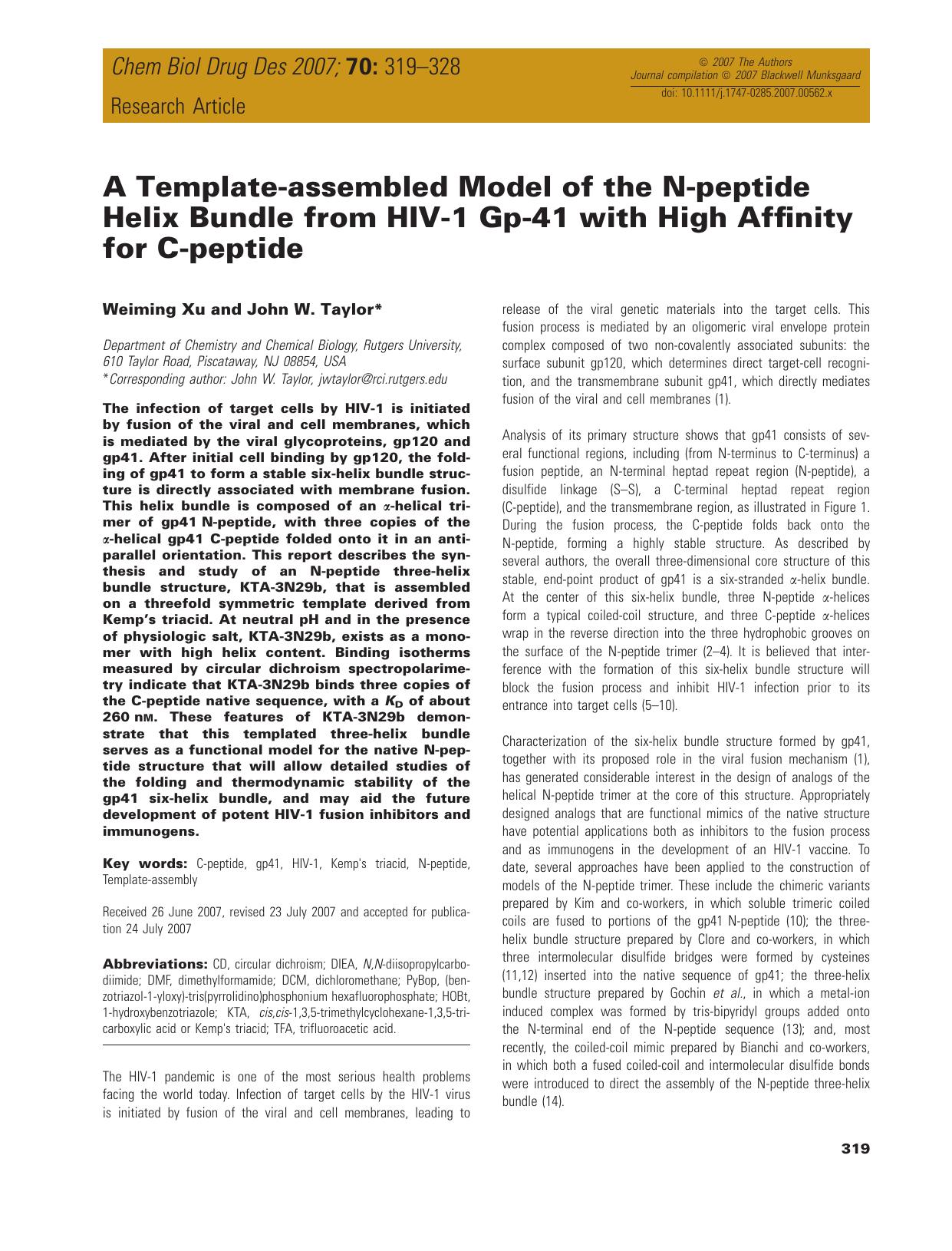 A Template-assembled Model of the N-peptide Helix Bundle from HIV-1 Gp-41 with High Affinity for C-peptide by unknow