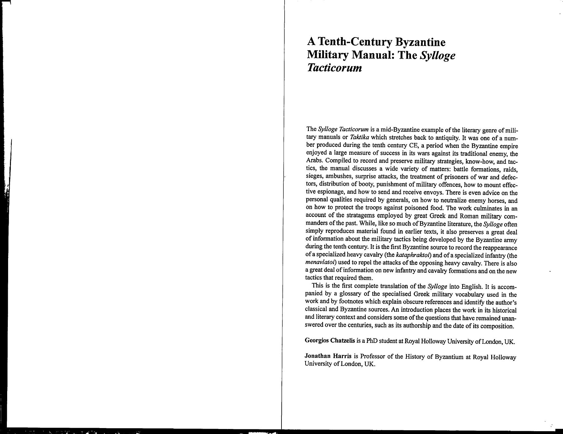 A Tenth-Century Byzantine Military Manual: The Sylloge Tacticorum by Georgios Chatzelis; Jonathan Harris