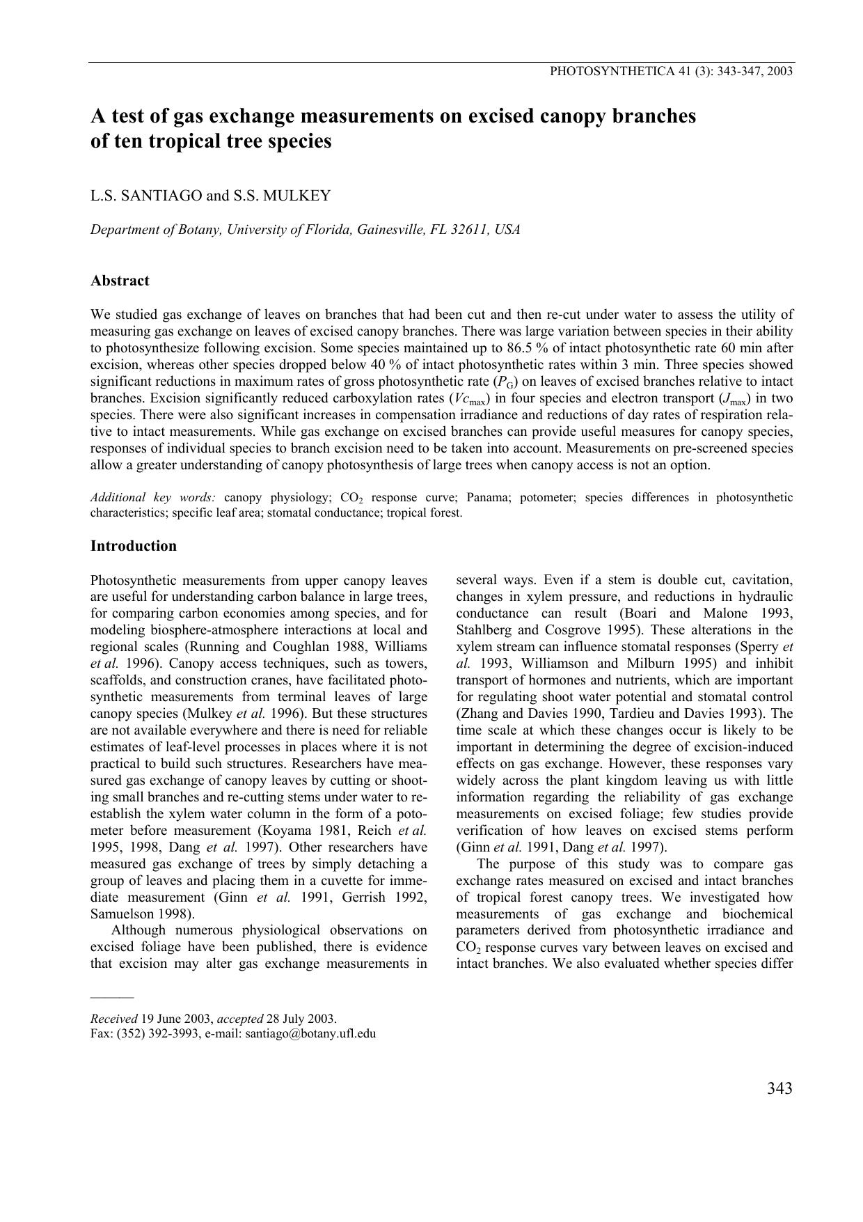 A Test of Gas Exchange Measurements on Excised Canopy Branches of Ten Tropical Tree Species by Unknown