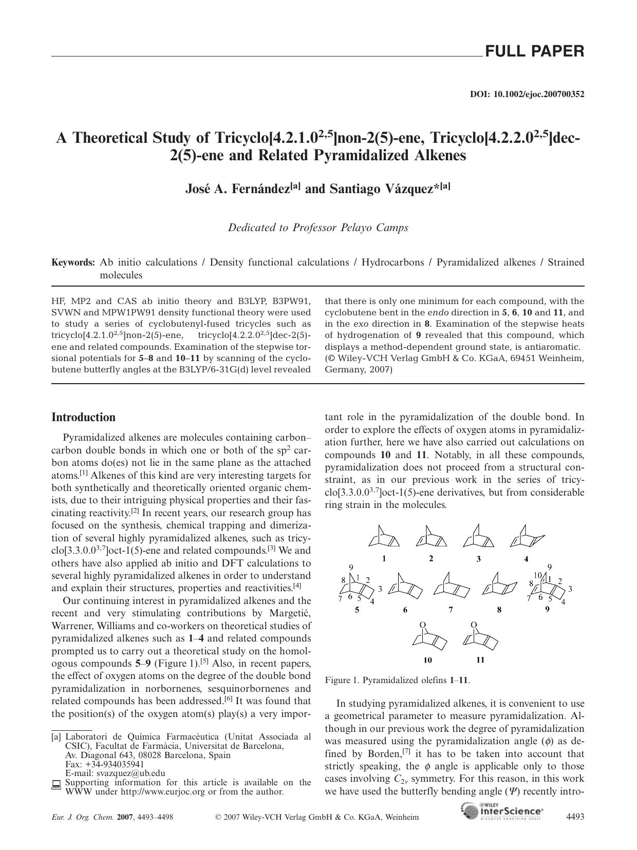 A Theoretical Study of Tricyclo[4.2.1.02,5]non-2(5)-ene, Tricyclo[4.2.2.02,5]dec-2(5)-ene and Related Pyramidalized Alkenes by Unknown