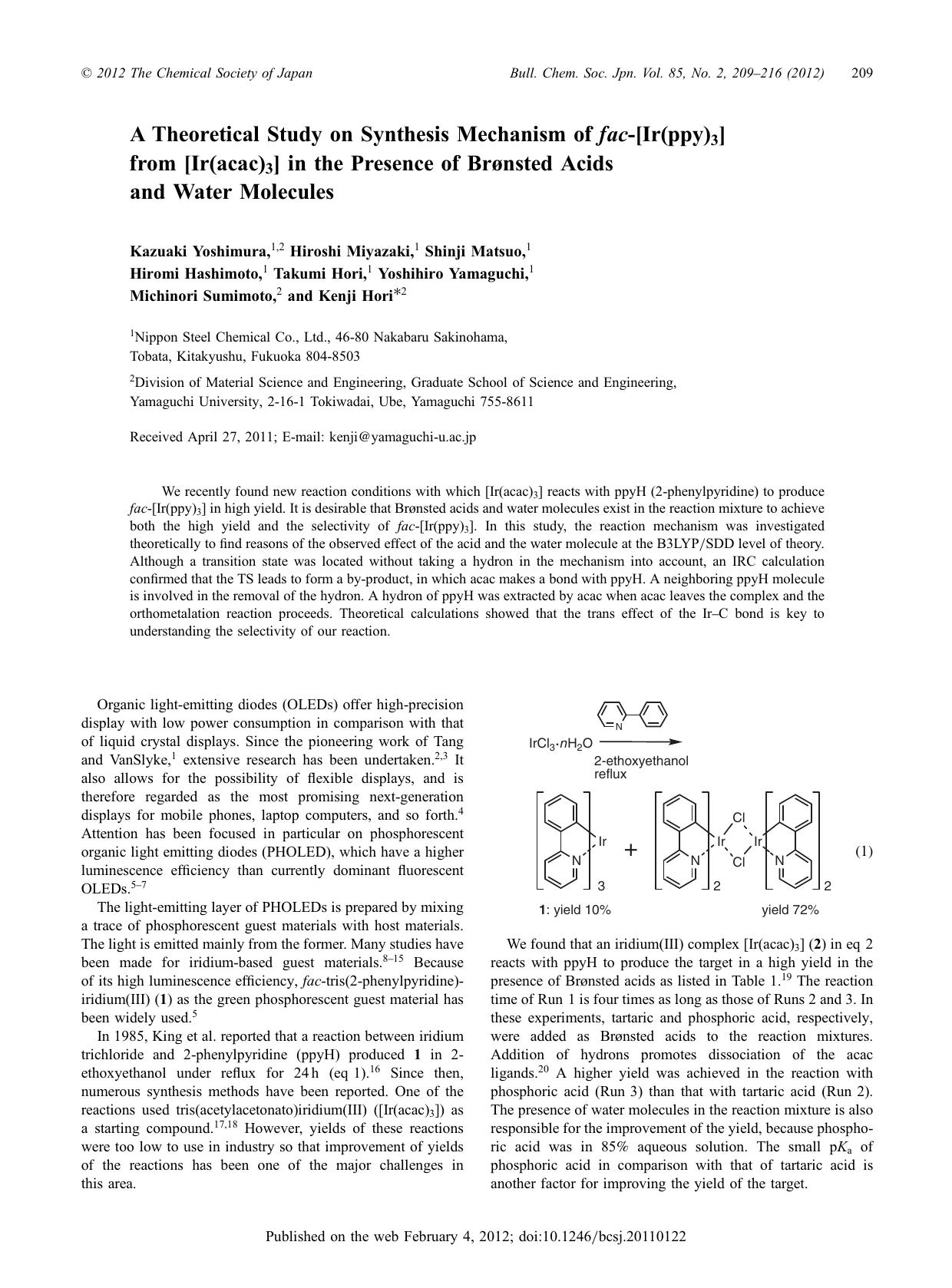 A Theoretical Study on Synthesis Mechanism of fac-[Ir(ppy)3] from [Ir(acac)3] in the Presence of BrÃ¸nsted Acids and Water Molecules by unknow