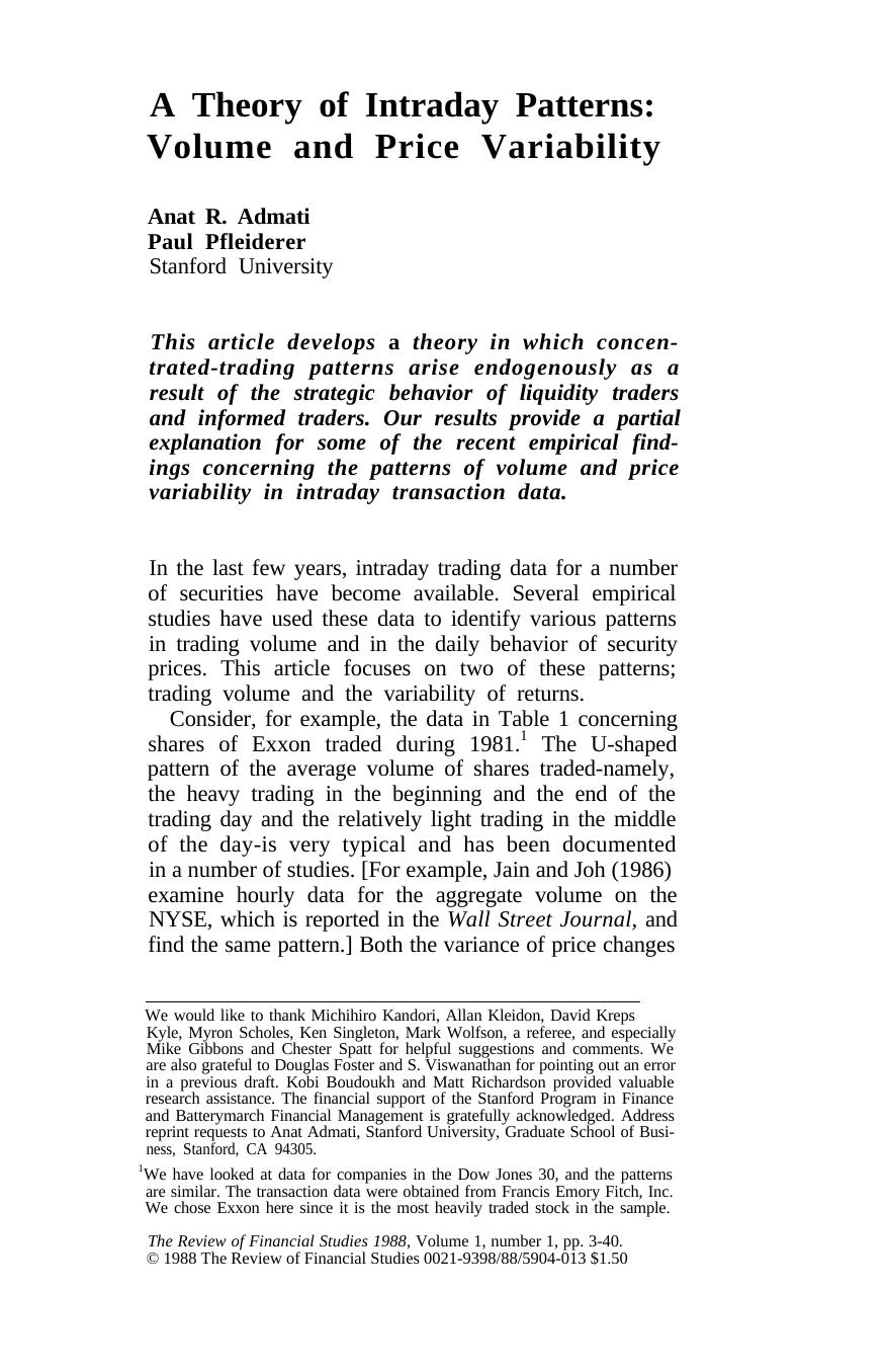 A Theory of Intraday Patterns: Volume and Price Variability by Anat R. Admati & Paul Pfleiderer
