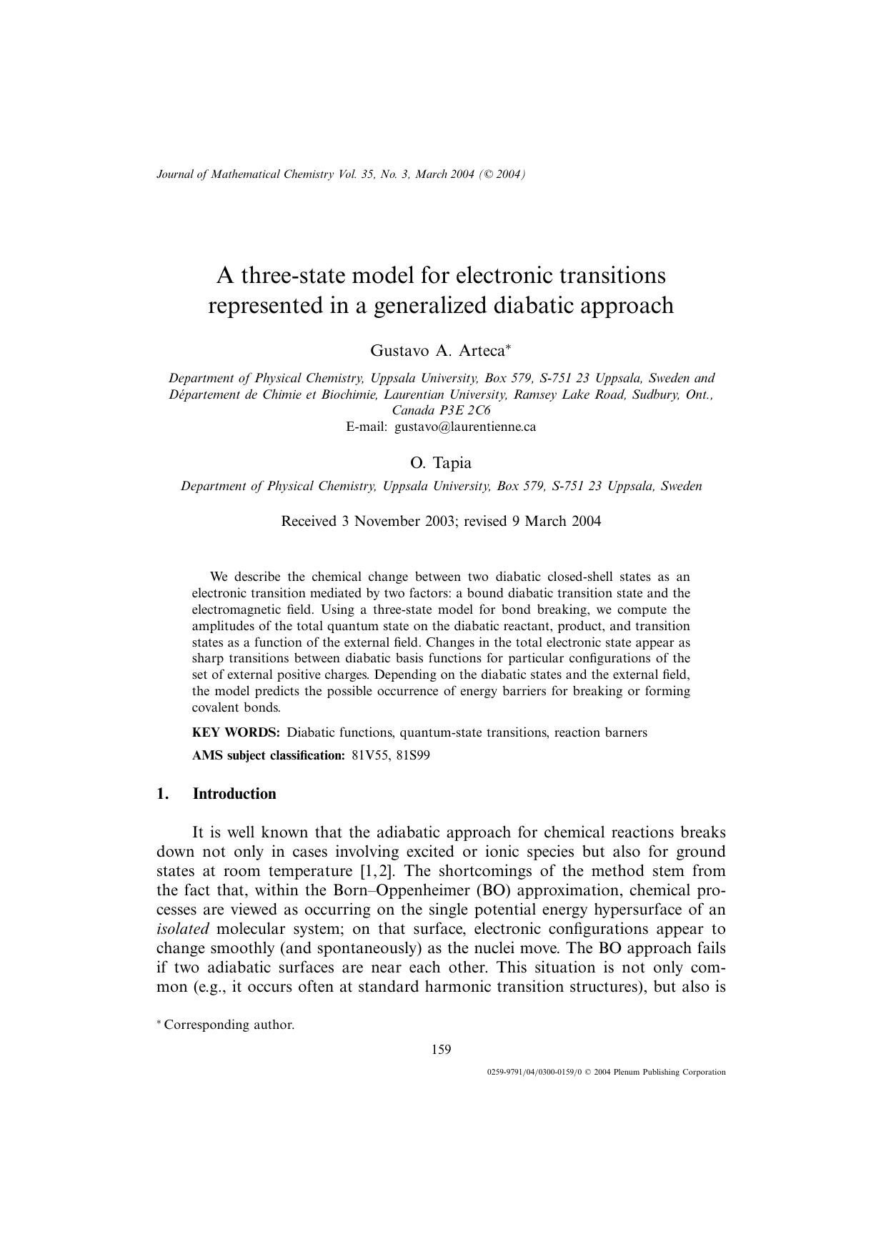 A Three-State Model for Electronic Transitions Represented in a Generalized Diabatic Approach by Unknown