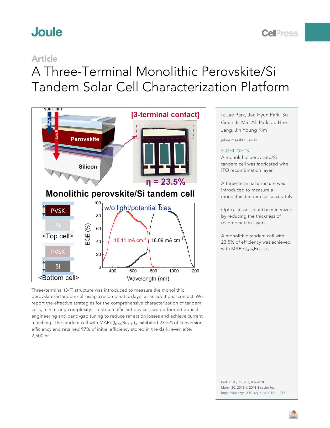 A Three-Terminal Monolithic PerovskiteSi Tandem Solar Cell Characterization Platform by Ik Jae Park & Jae Hyun Park & Su Geun Ji & Min-Ah Park & Ju Hee Jang & Jin Young Kim