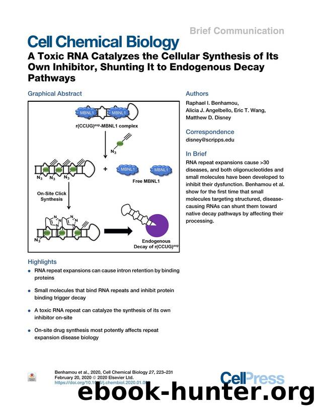 A Toxic RNA Catalyzes the Cellular Synthesis of Its Own Inhibitor, Shunting It to Endogenous Decay Pathways by Raphael I. Benhamou & Alicia J. Angelbello & Eric T. Wang & Matthew D. Disney