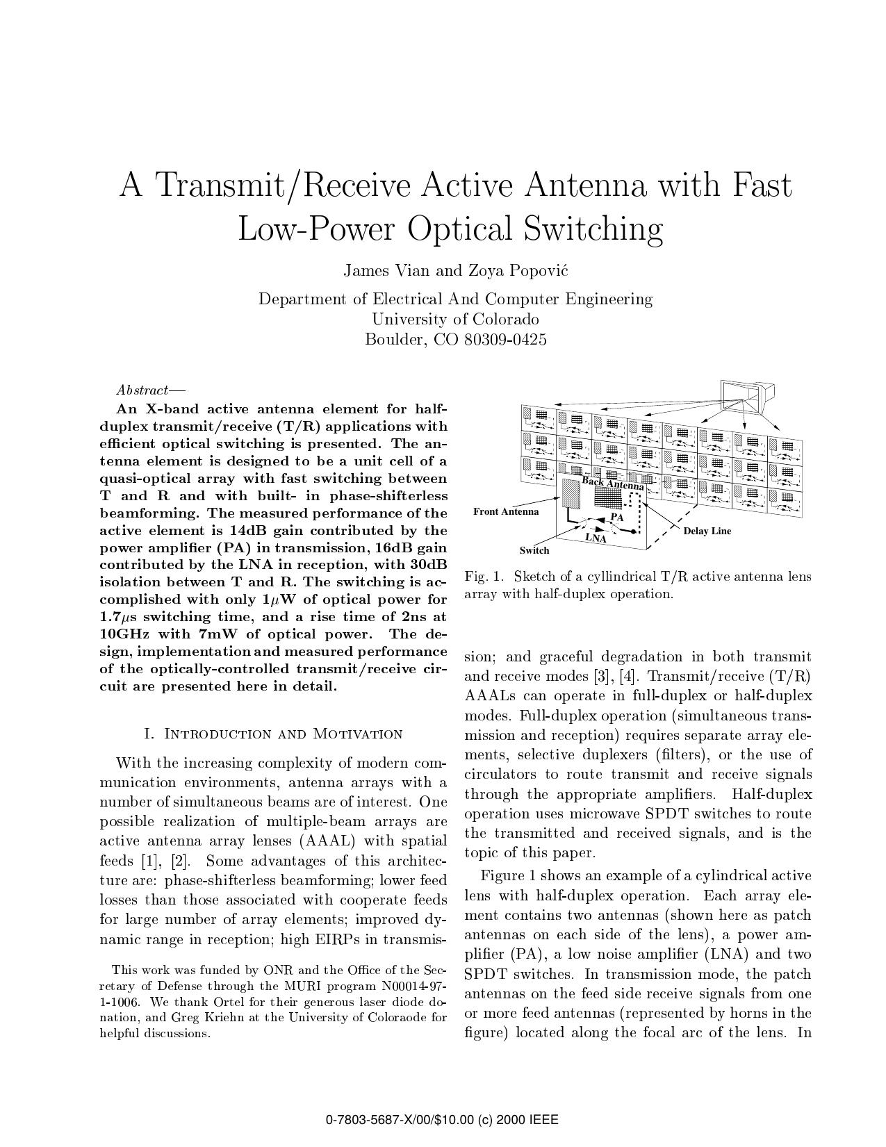 A TransmitReceive Active Antenna with Fast Low-Power Optical Switching by J. Vian & Z. Popovic
