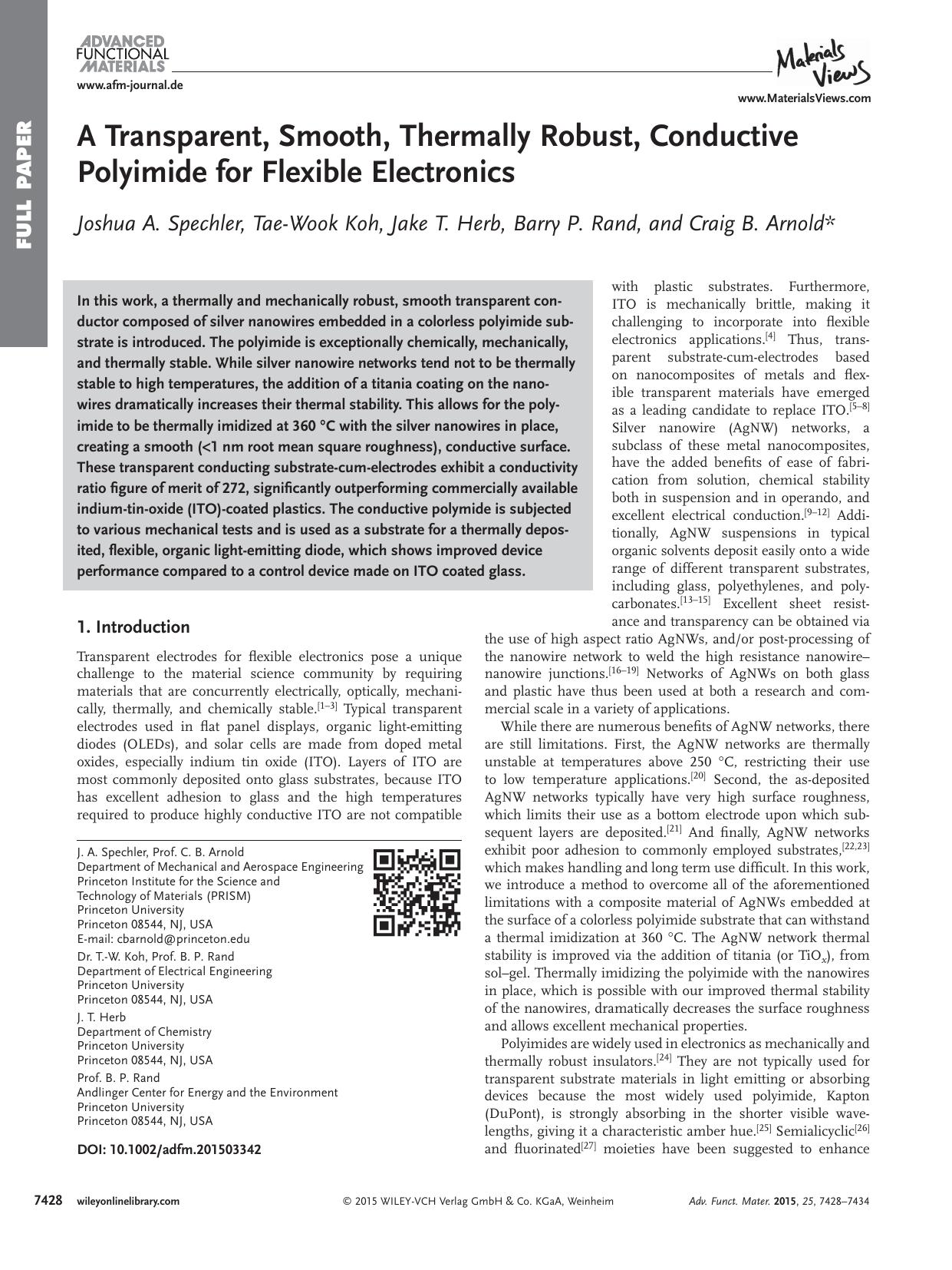 A Transparent, Smooth, Thermally Robust, Conductive Polyimide for Flexible Electronics by Unknown