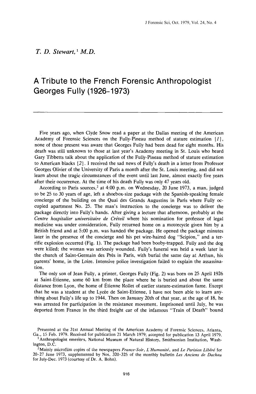 A Tribute to the French Forensic Anthropologist Georges Fully (1926-1973) by Stewart TD