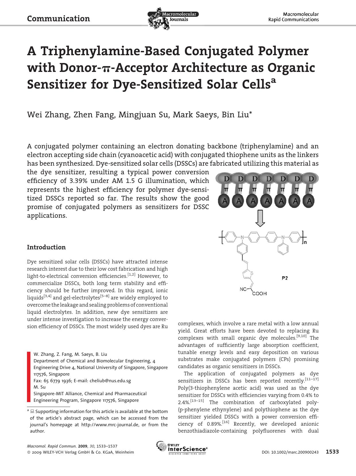A Triphenylamine-Based Conjugated Polymer with Donor-[pi]-Acceptor Architecture as Organic Sensitizer for Dye-Sensitized Solar Cells by Unknown