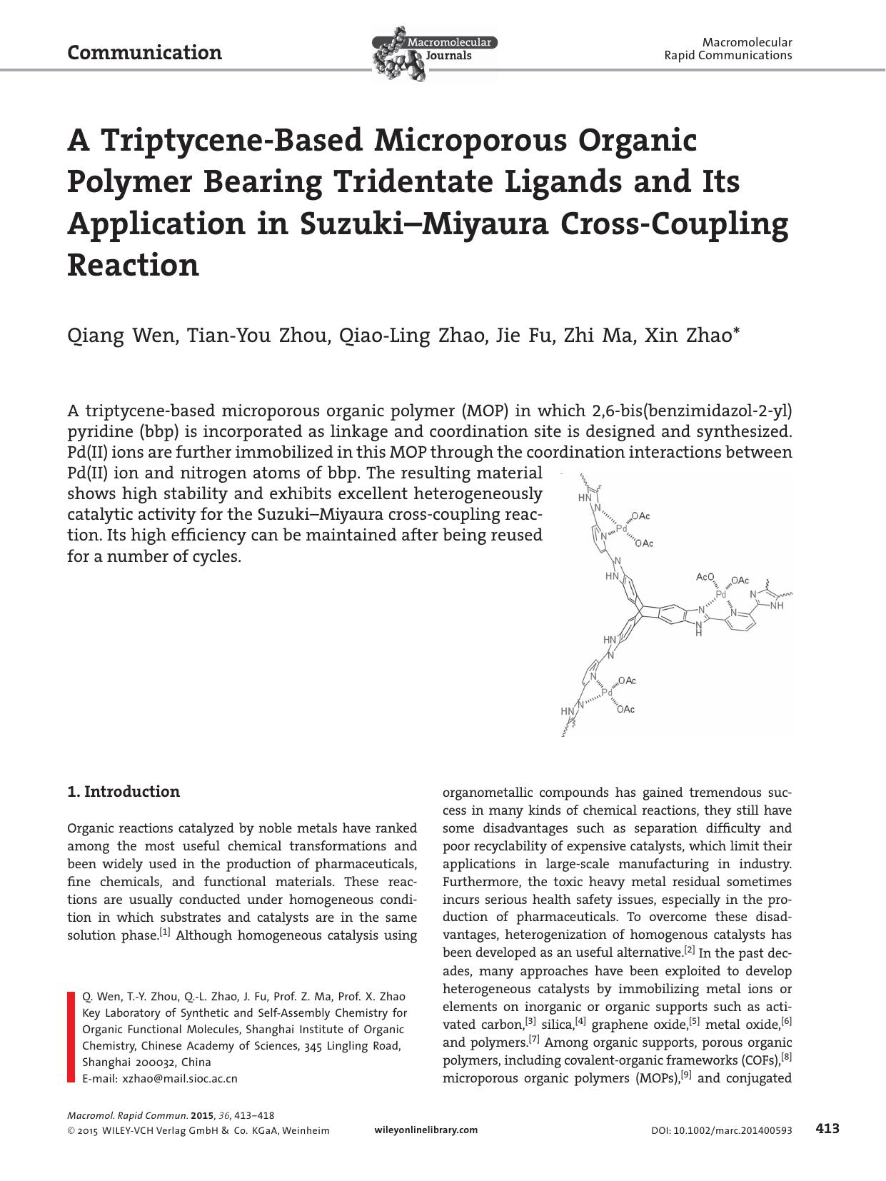 A Triptycene&#x02010;Based Microporous Organic Polymer Bearing Tridentate Ligands and Its Application in Suzuki&#x02013;Miyaura Cross&#x02010;Coupling Reaction by Unknown