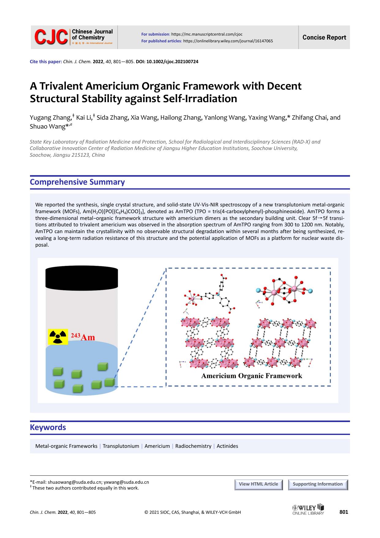 A Trivalent Americium Organic Framework with Decent Structur-al Stability against Self-Irradiation by Administrator