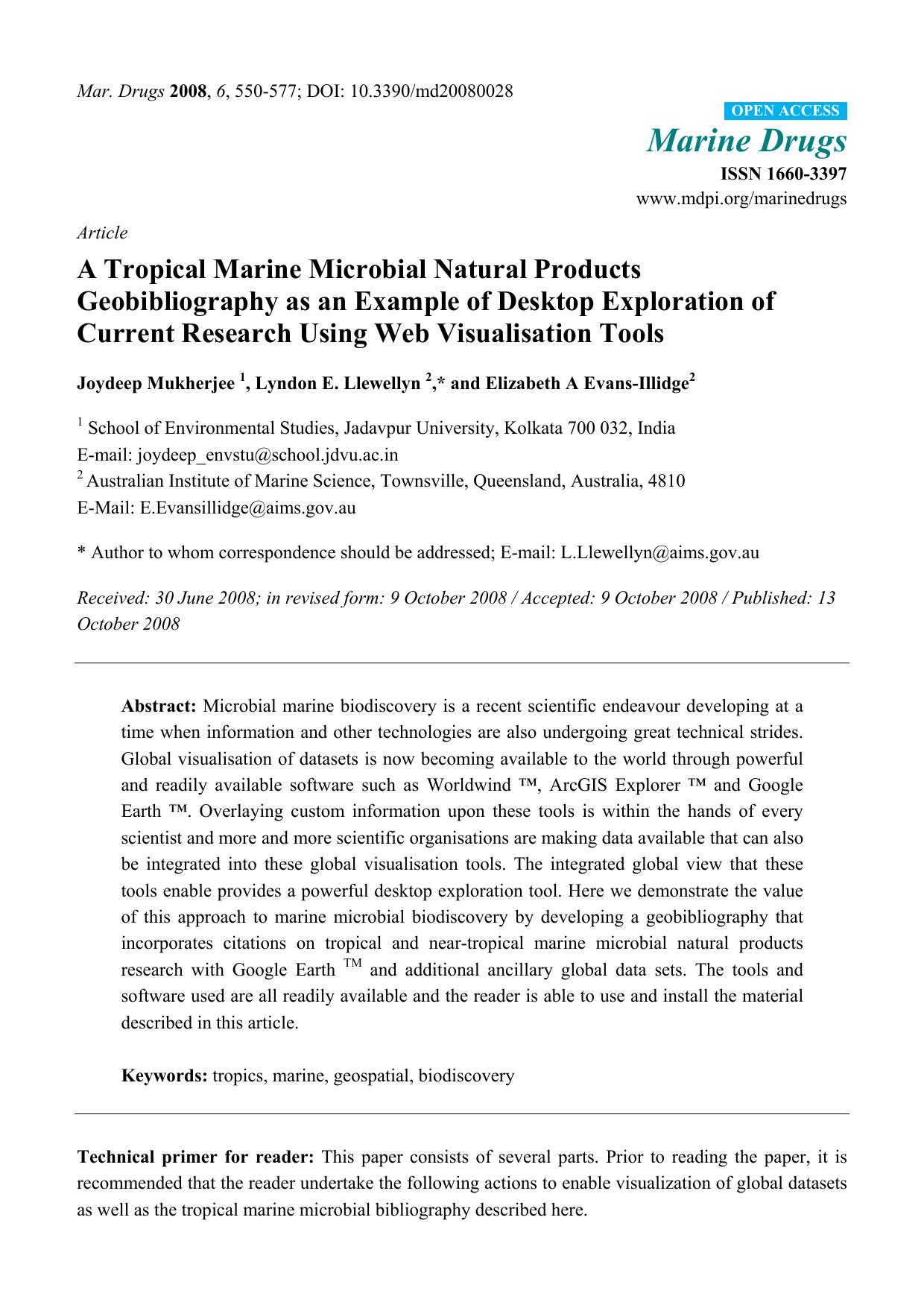 A Tropical Marine Microbial Natural Products Geobibliography as an Example of Desktop Exploration of Current Research Using Web Visualisation Tools by Joydeep Mukherjee & Lyndon E. Llewellyn & Elizabeth A Evans-Illidge