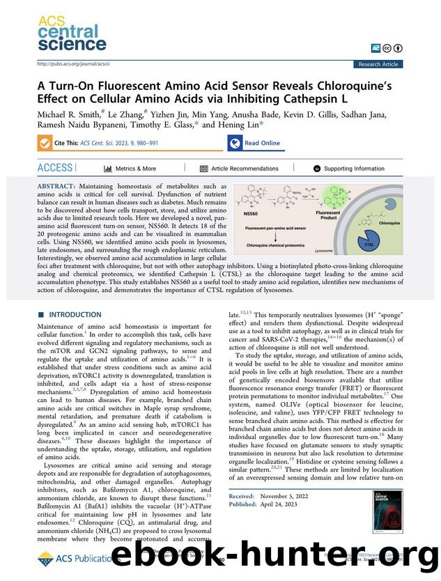 A Turn-On Fluorescent Amino Acid Sensor Reveals Chloroquineâs Effect on Cellular Amino Acids via Inhibiting Cathepsin L by unknow
