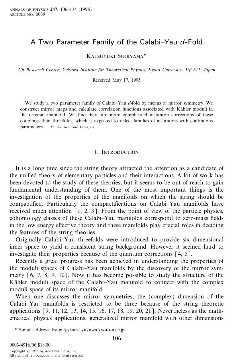 A Two Parameter Family of the CalabiâYau d-Fold by Sugiyama K