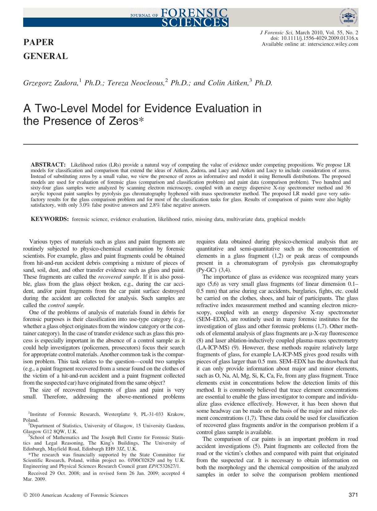A Two?Level Model for Evidence Evaluation in the Presence of Zeros* by Unknown