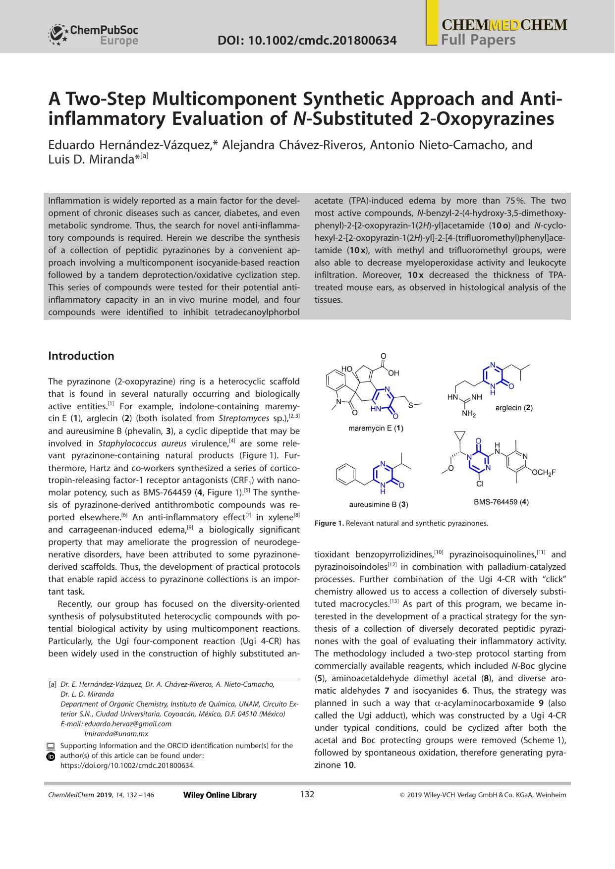 A TwoâStep Multicomponent Synthetic Approach and Antiâinflammatory Evaluation of NâSubstituted 2âOxopyrazines by Unknown