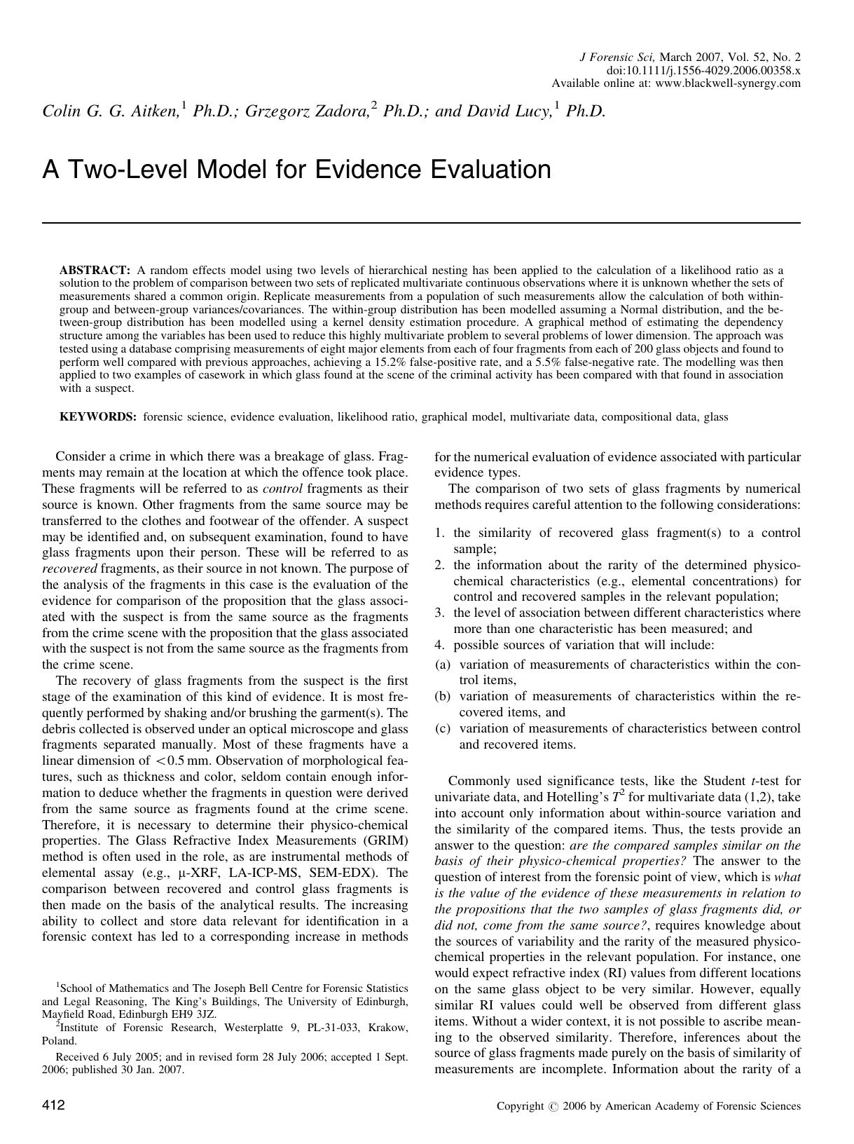 A Two-Level Model for Evidence Evaluation by Unknown