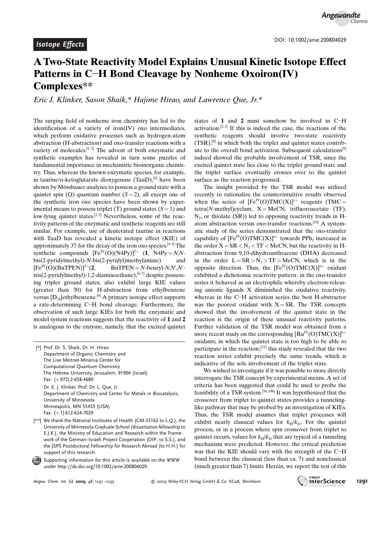 A Two-State Reactivity Model Explains Unusual Kinetic Isotope Effect Patterns in C[bond]H Bond Cleavage by Nonheme Oxoiron(IV) Complexes by Unknown