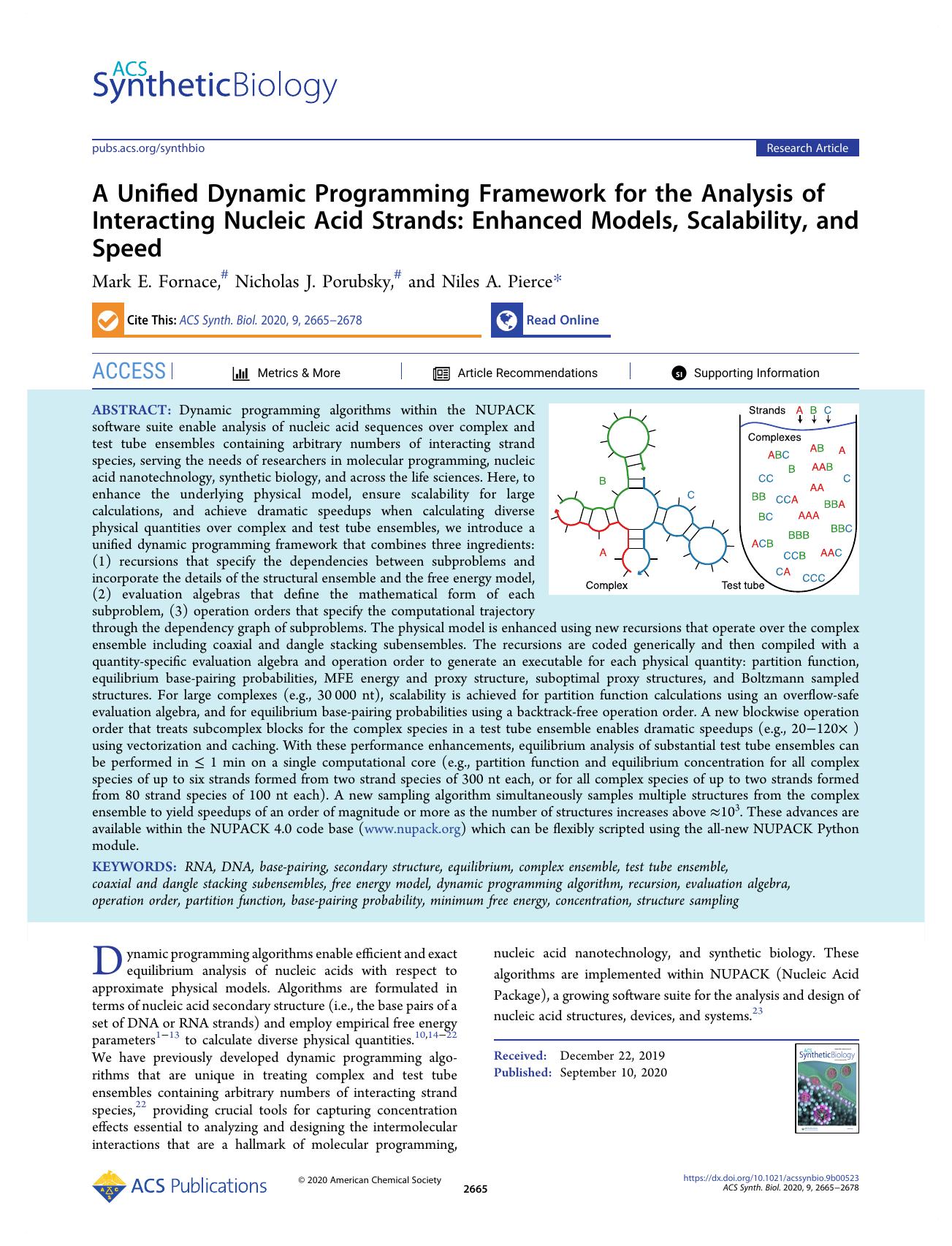 A Unified Dynamic Programming Framework for the Analysis of Interacting Nucleic Acid Strands: Enhanced Models, Scalability, and Speed by Mark E. Fornace Nicholas J. Porubsky and Niles A. Pierce
