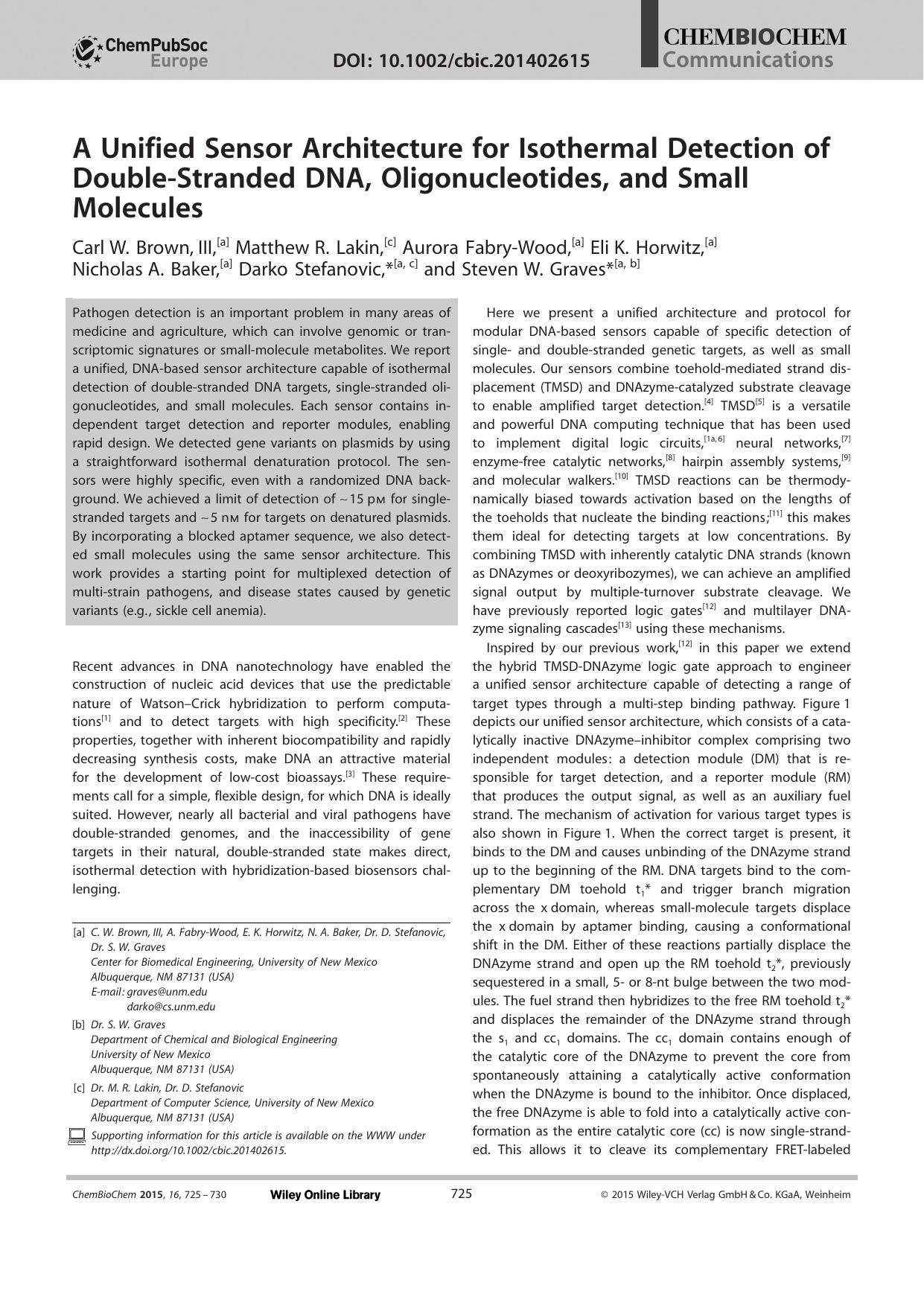 A Unified Sensor Architecture for Isothermal Detection of DoubleStranded DNA, Oligonucleotides, and Small Molecules by Unknown