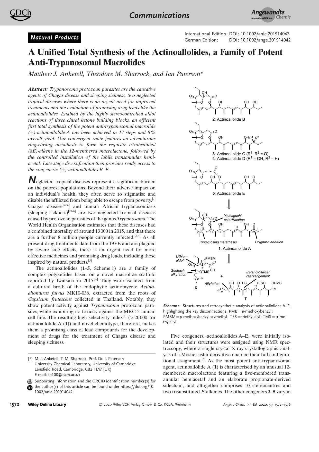 A Unified Total Synthesis of the Actinoallolides, a Family of Potent AntiâTrypanosomal Macrolides by Unknown