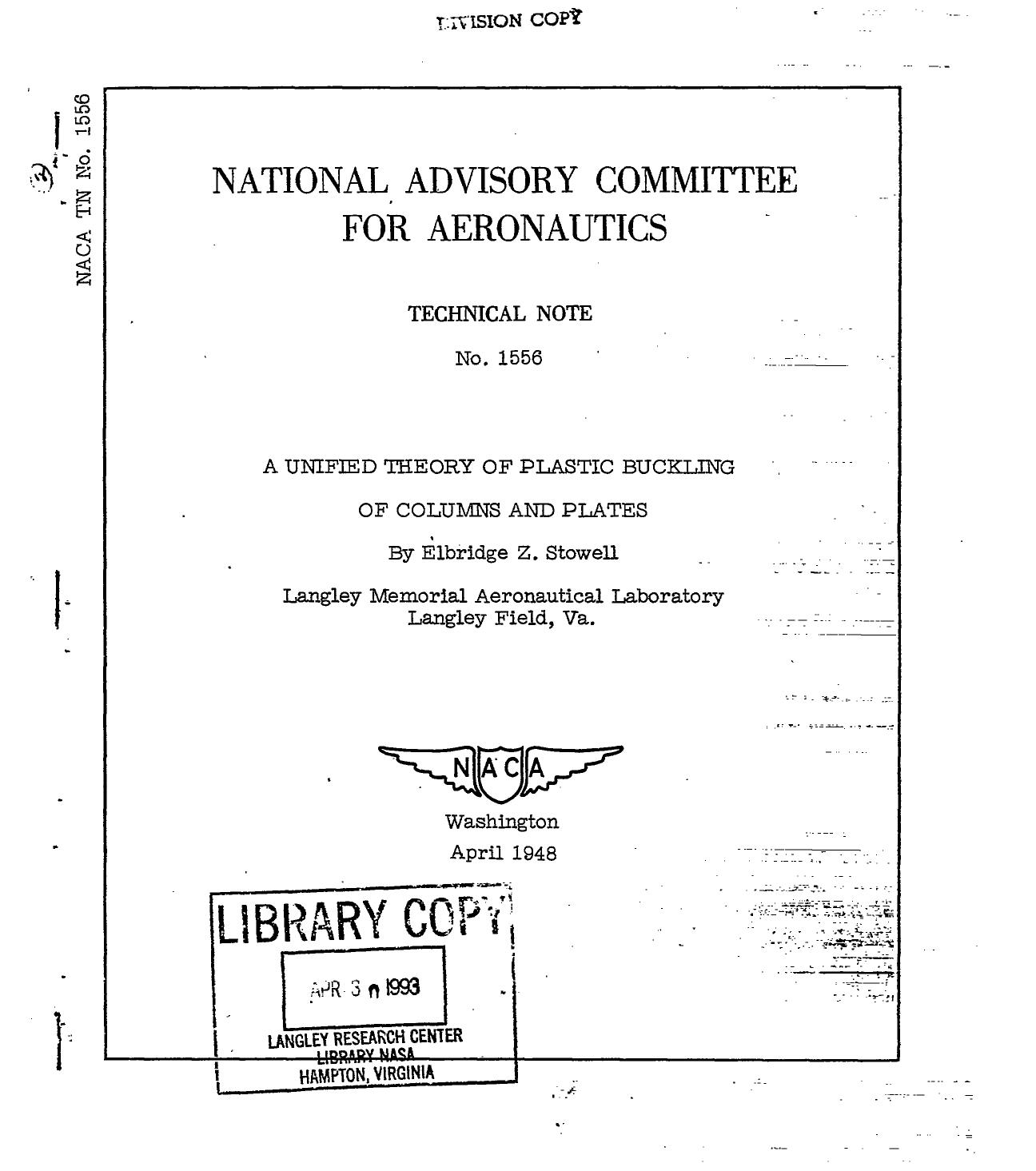A Unified theory of plastic buckling of columns and plates by Stowell Elbridge Z
