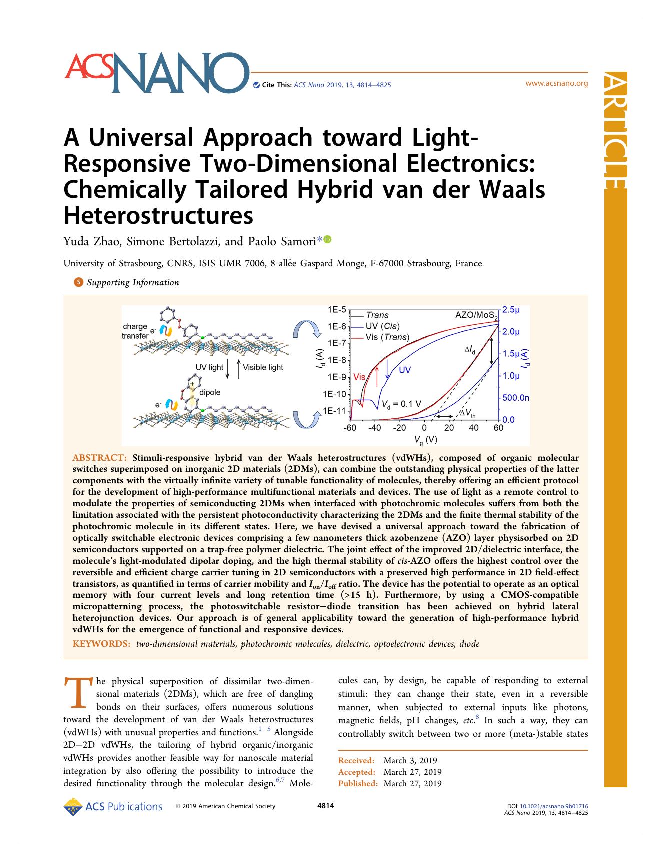 A Universal Approach toward Light-Responsive Two-Dimensional Electronics: Chemically Tailored Hybrid van der Waals Heterostructures by Yuda Zhao Simone Bertolazzi and Paolo Samorì