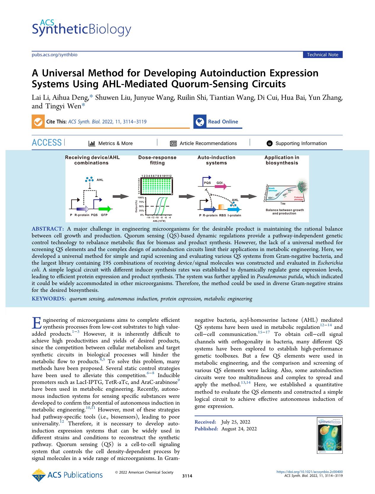 A Universal Method for Developing Autoinduction Expression Systems Using AHL-Mediated Quorum-Sensing Circuits by unknow